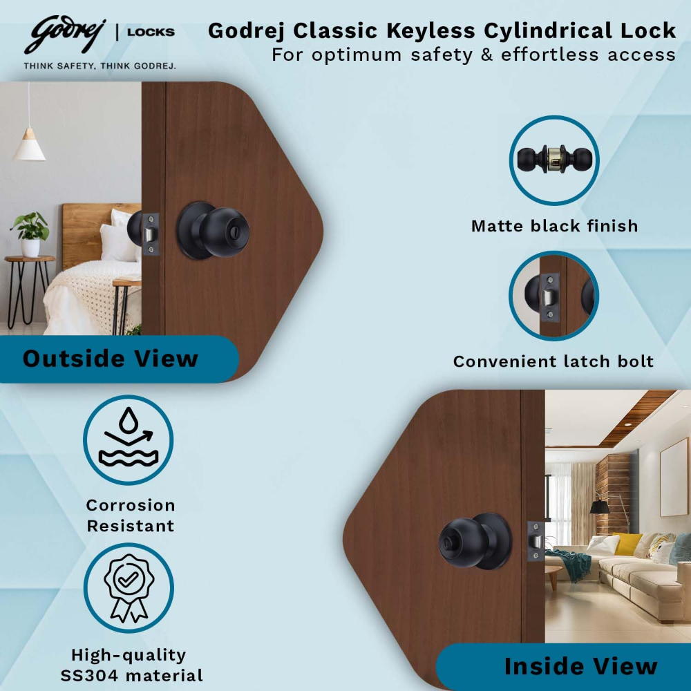 Godrej Cylinder Lock | Single Panel Door Lock | Residential Doors & Commercial Space | Backset 70mm | SS Knobs | Keyless | Door Thickness 32mm to 45 mm | Matte Black Finish | 5 Years Warranty